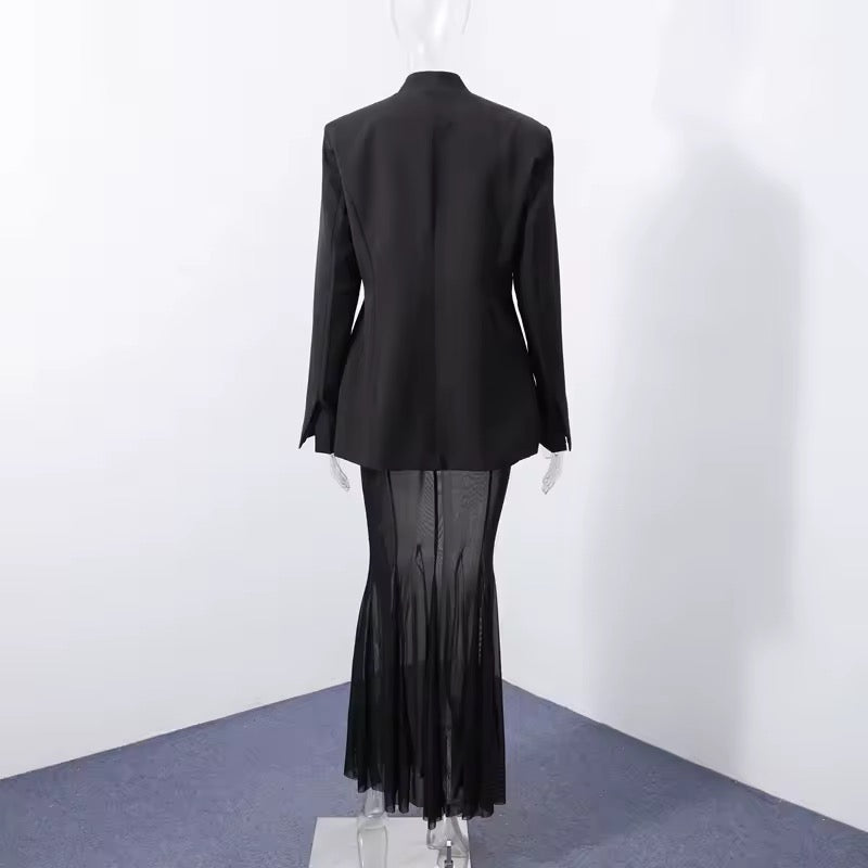 סט שני חלקים אלגנטי בלייזר וחצאית מקסי שיפון - אנסטסיה