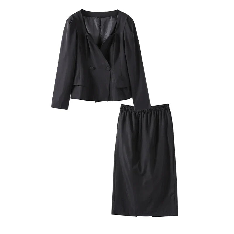 סט שני חלקים אלגנטי חצאית מידי ובלייזר בעיצוב מחויט ויוקרתי - PAS