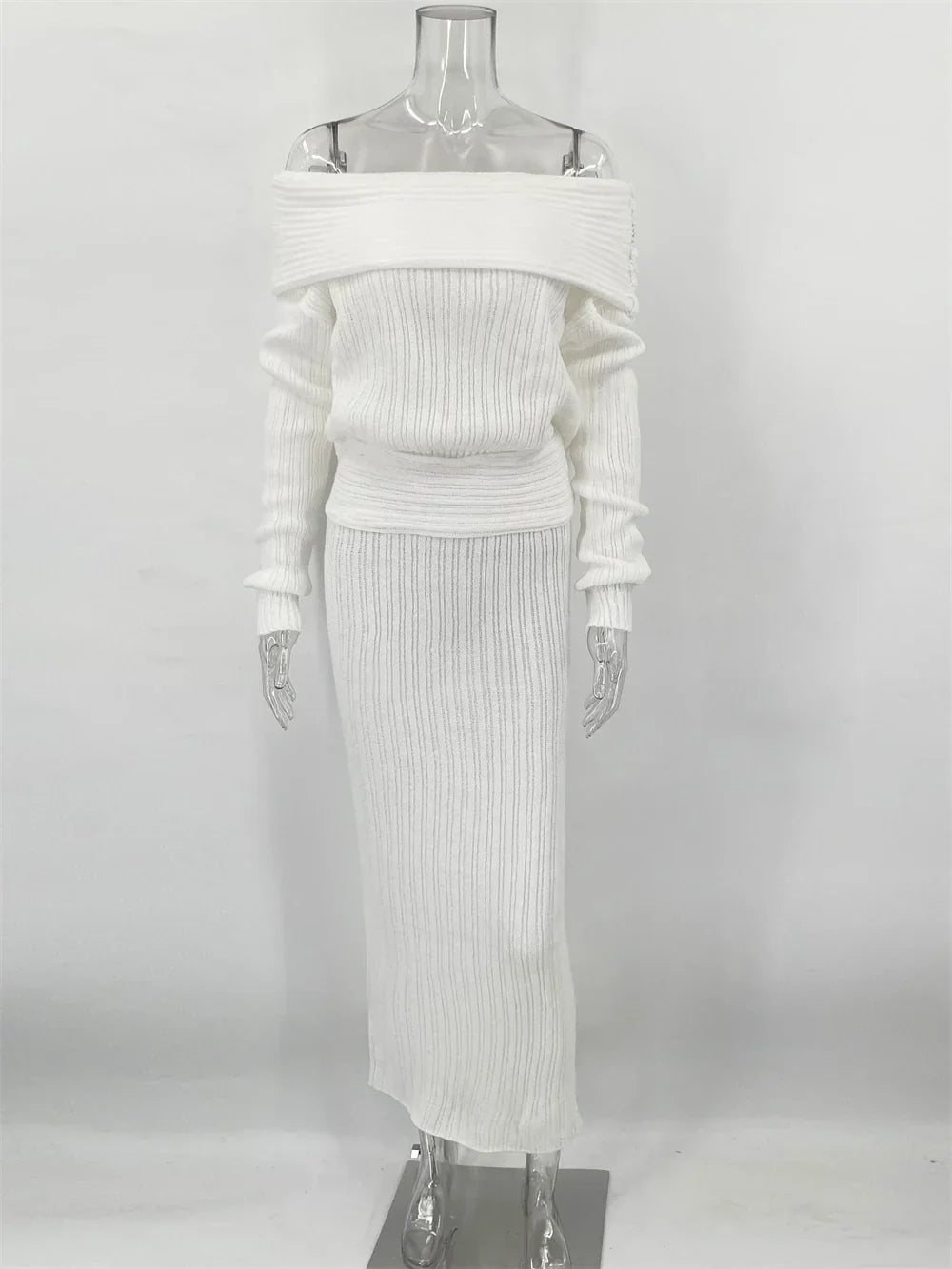 סט סריג שני חלקים חולצת כתפיים חשופות וחצאית מקסי - אילונה